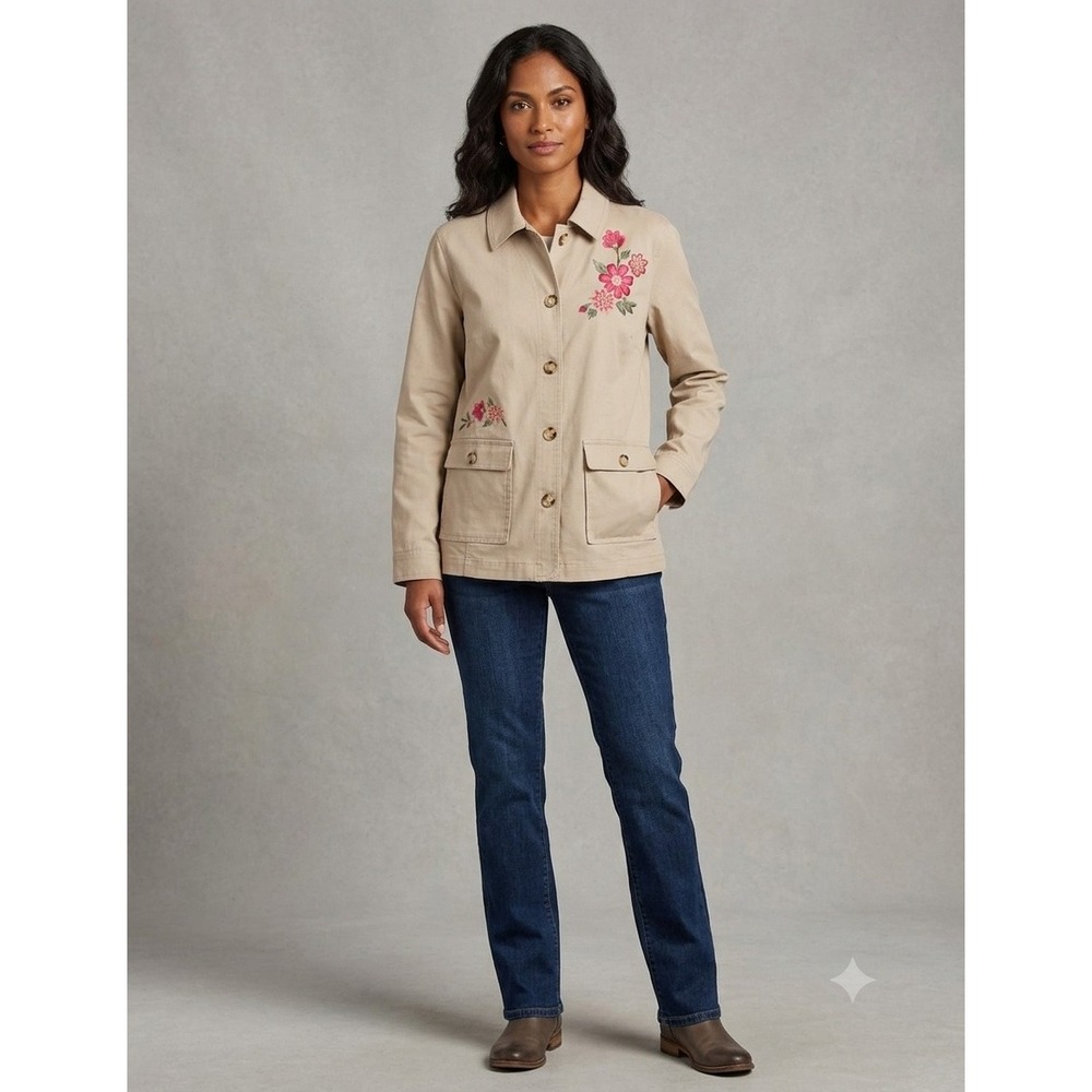 Appleseed Floral Embroidered Utility Jacket Womens Medium Tan NWOT